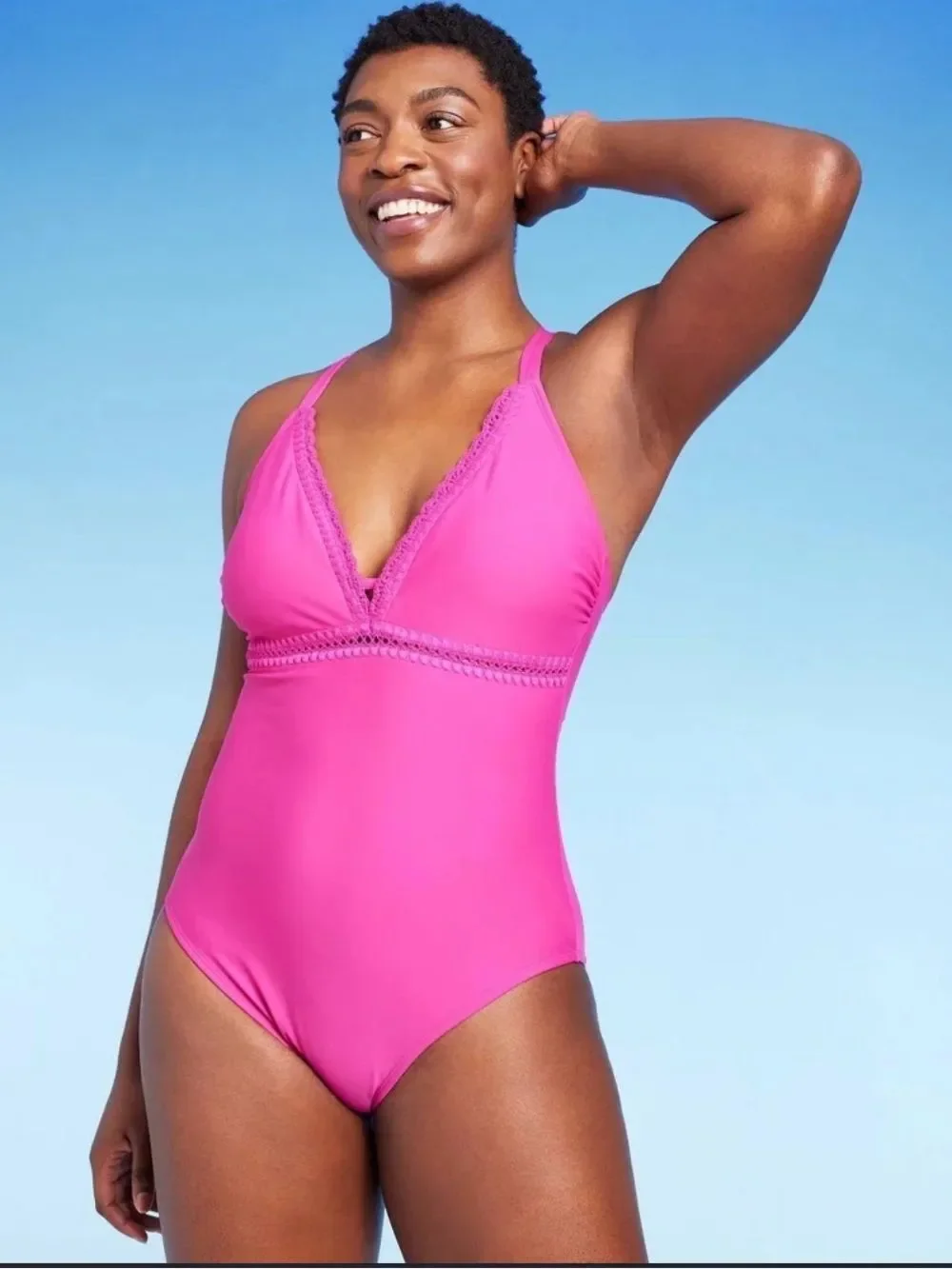 Women's Crochet Shell Stitch Lace Up One Piece Swimsuit - Kona Sol Pink Large